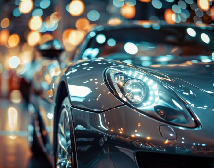 Luxury cars display in a high-end showroom with light bokeh effect.